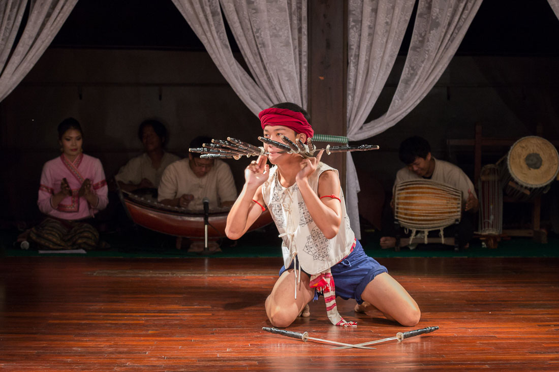 Performing a traditional dance with spades, Chiang Mai, Kingdom of Thailand, Indochina, South East Asia.