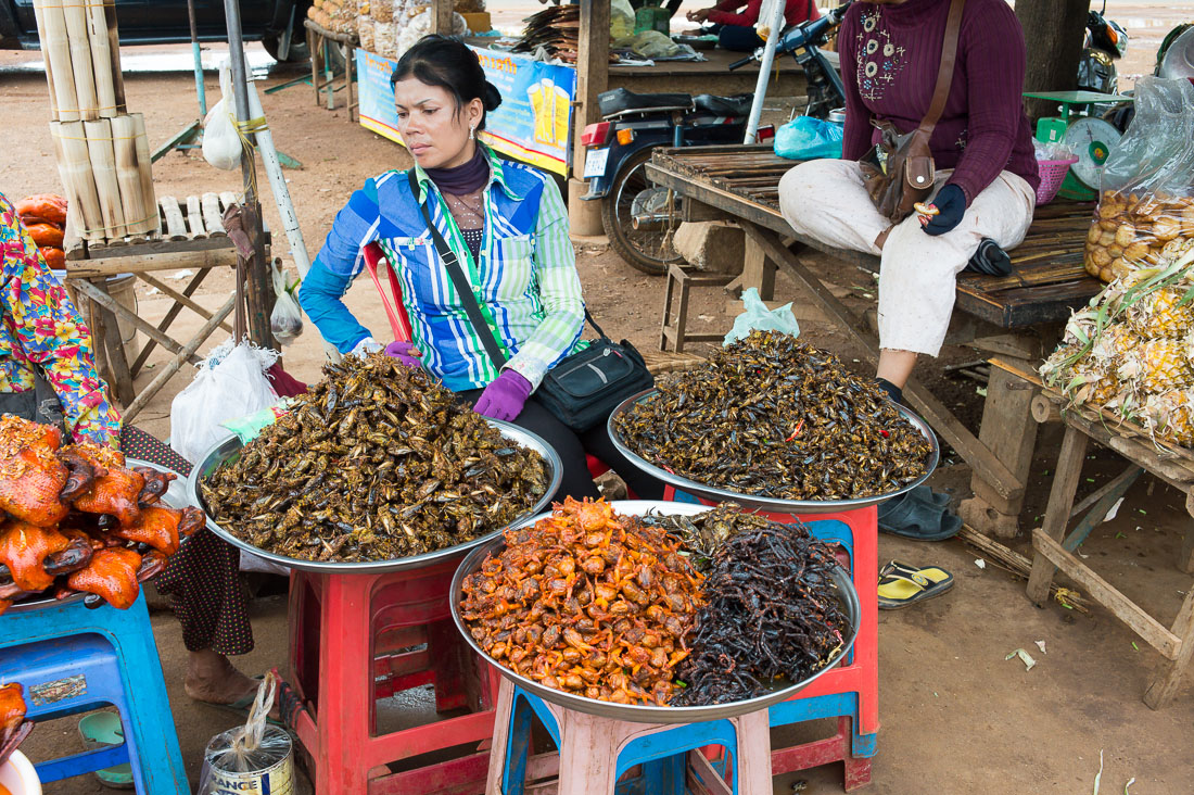 Woman at the market selling exotic food: crickets, tarantulas, and filled frogs â¦ Kingdom of Cambodia, Indochina, South East Asia