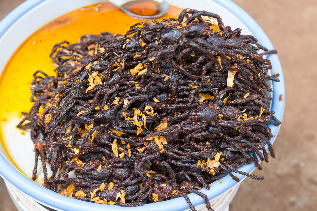 At the market, exotic food for sale: in this case tarantulas ... Kingdom of Cambodia, Indochina, South East Asia