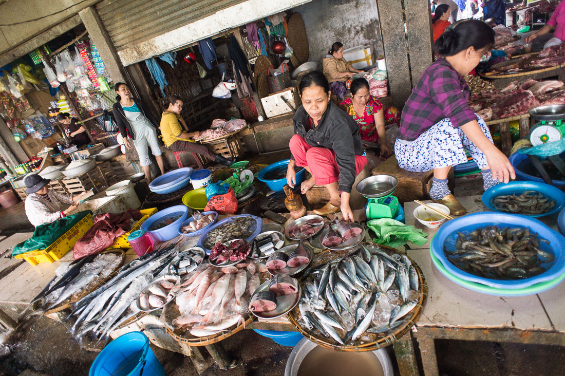 Fish vendors at Hue market, Thua Thien-Hue province. Viet Nam, Indochina, South East Asia.