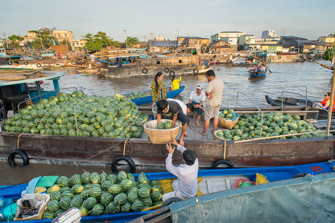 Lots of watermellons  at the Cai Rang floating market, Mekong River Delta, Hau Giang Province, Viet Nam, Indochina, South East Asia