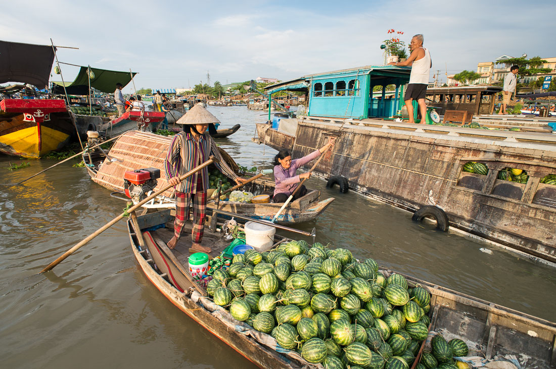 Watermellons  at the Cai Rang floating market, Mekong River Delta, Hau Giang Province, Viet Nam, Indochina, South East Asia